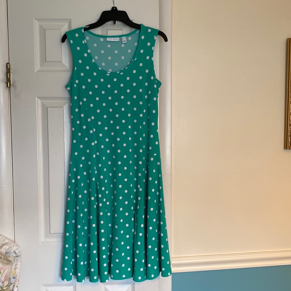 Susan Graver Liquid Knit tank dress. Teal with white polka dots.
